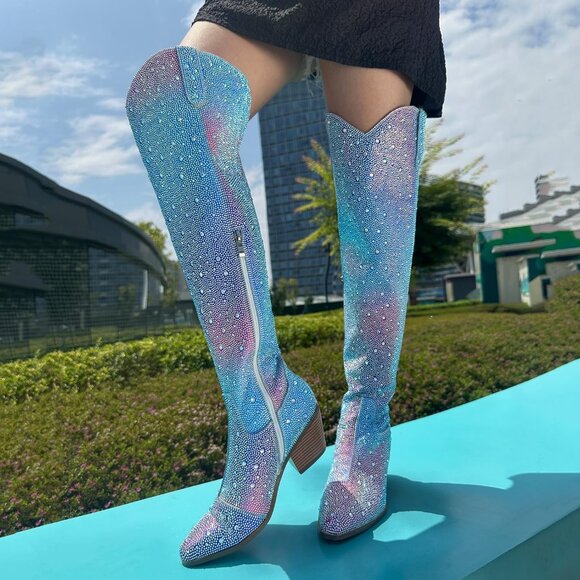 Ronilurn Women Blue Pink Rhinestone Pointed Toe Cowgirl Boot Pull On Side Zipper - Picture 4 of 10